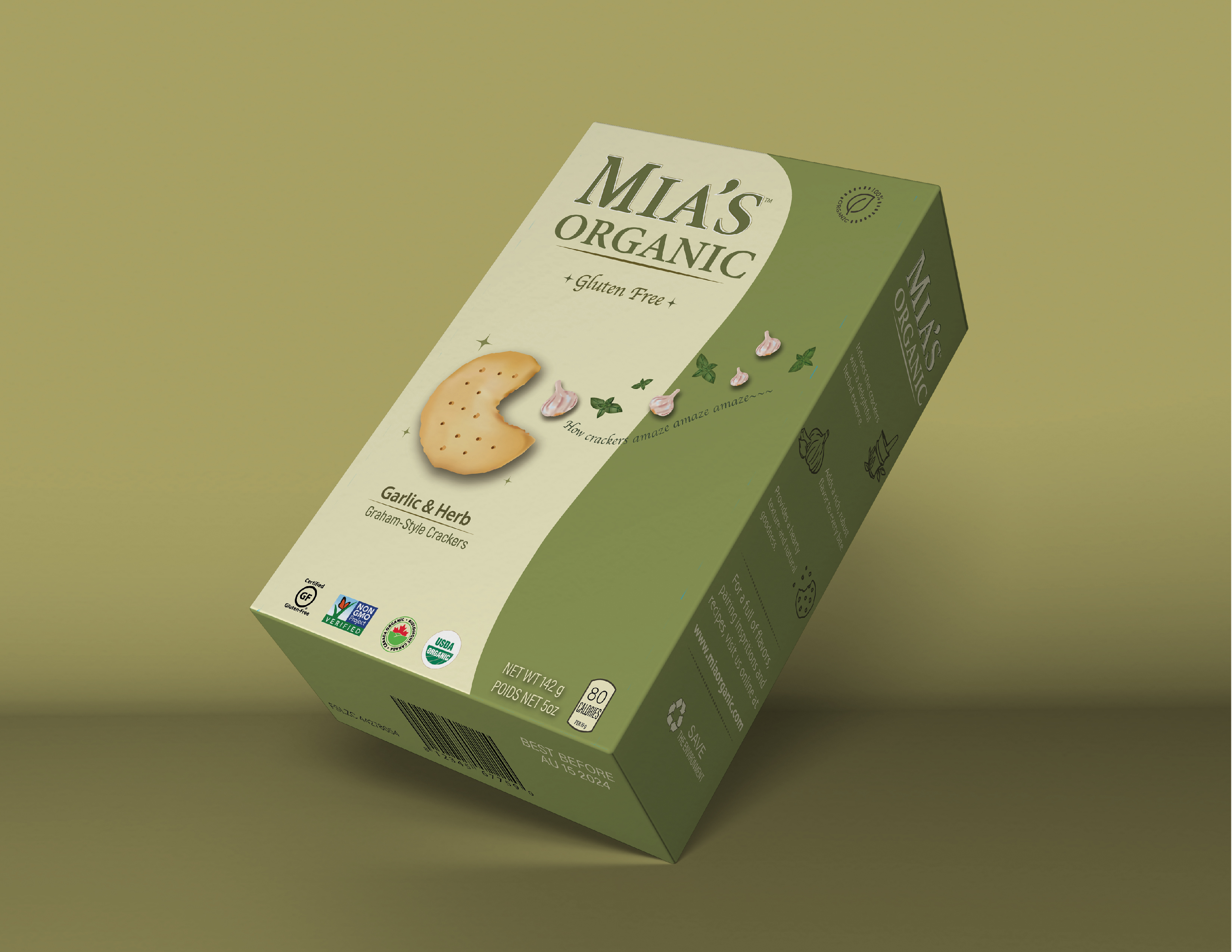 A crackers boxe with MIA'S ORGANIC printed on them.