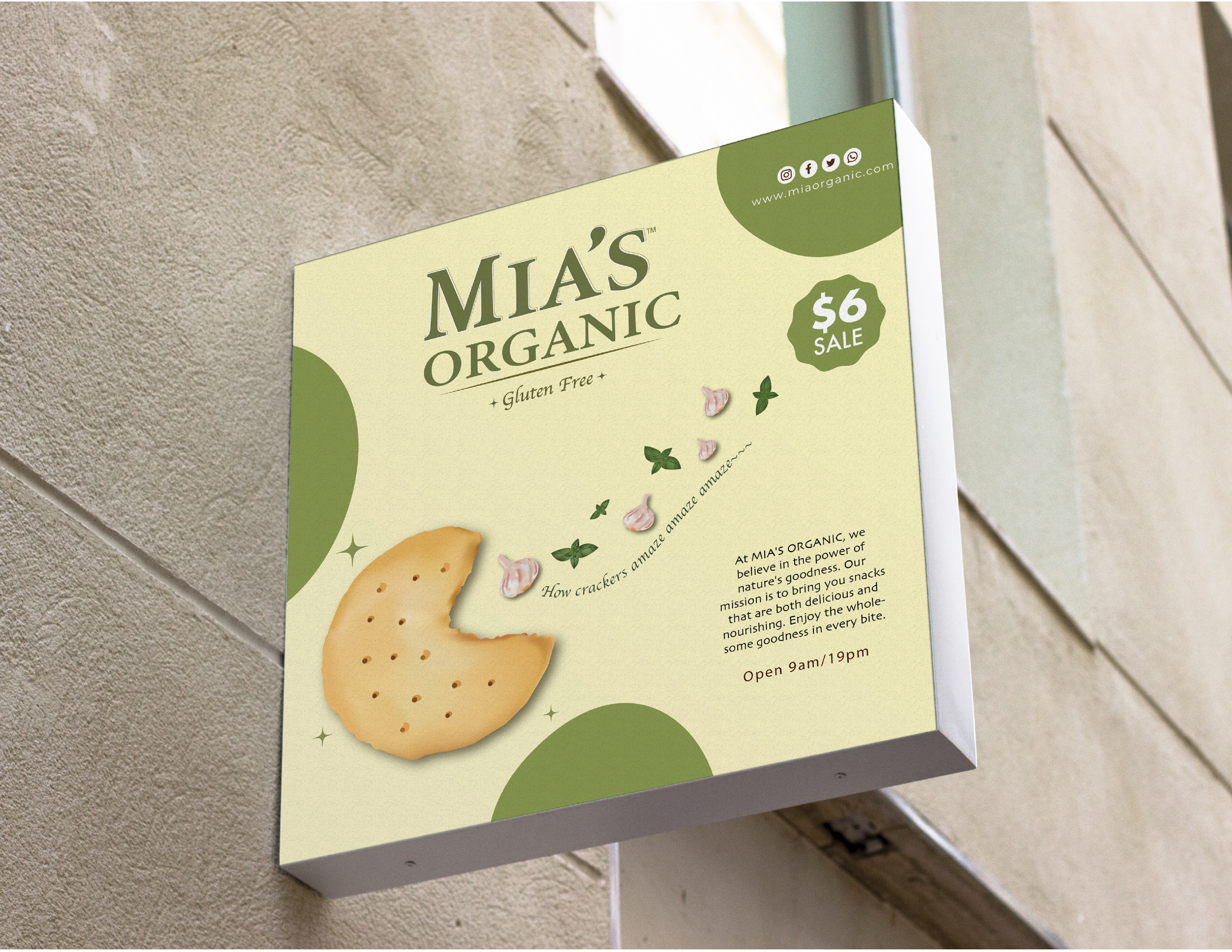 A billboard with MIA'S ORGANIC printed on it.