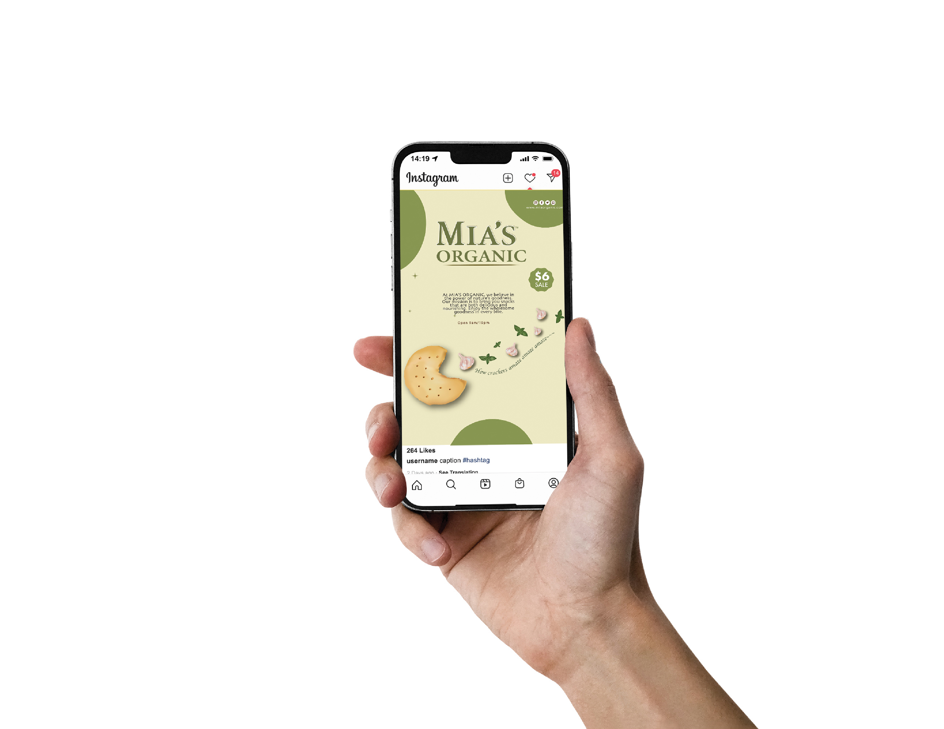 MIA'S ORGANIC's advertisement is on Instagram on the phone.