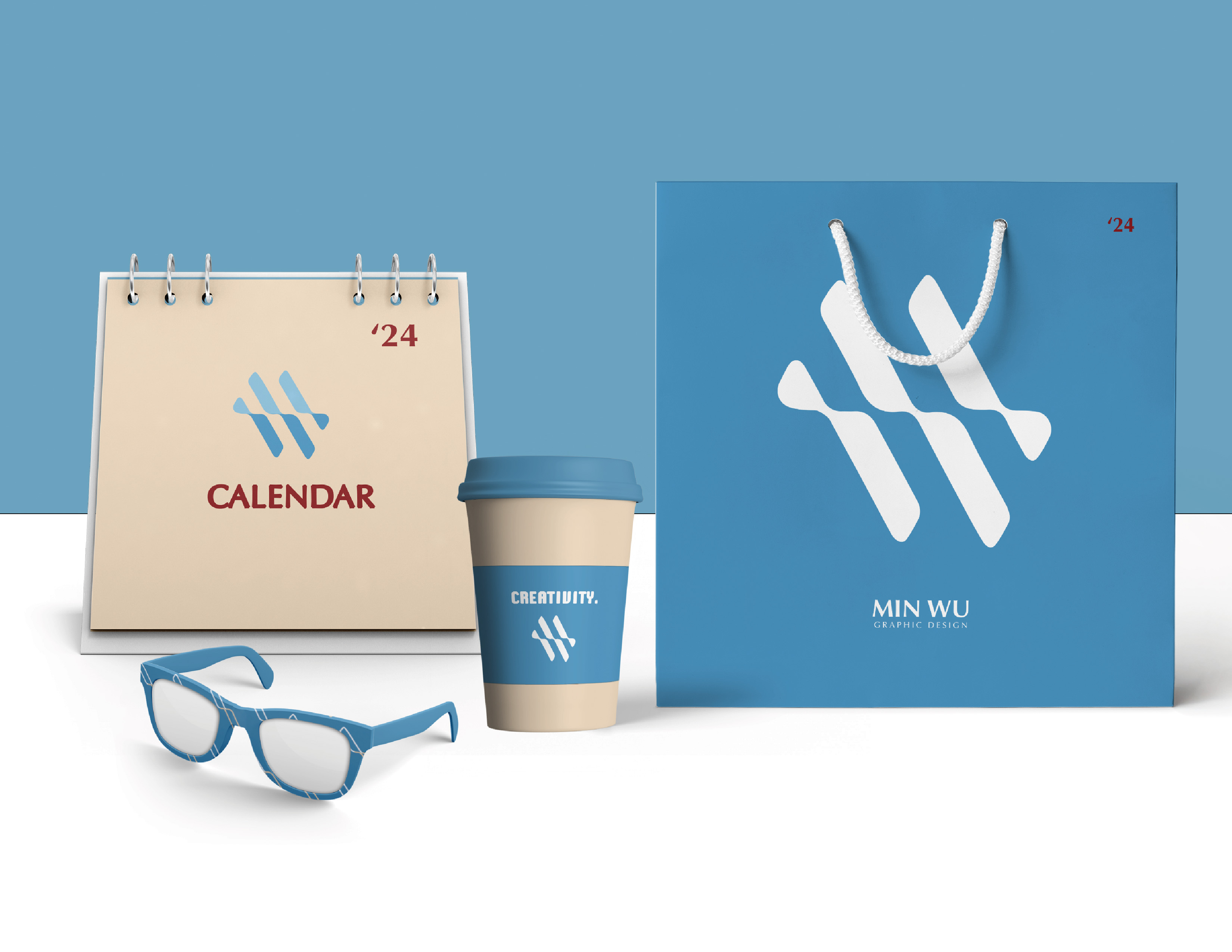 Some peripheral products with personal logos, including glasses, calendars, paper bags, coffee cups.