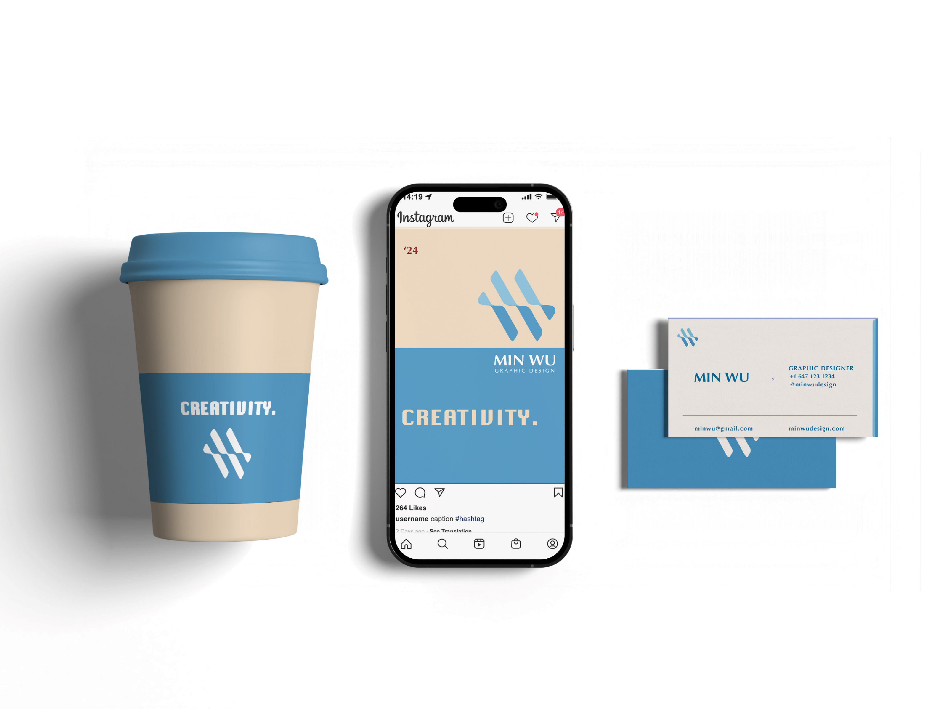 Some peripheral products with Min Wu's logo, including coffee cups, Instagram ads on a mobile device, and paper business cards.