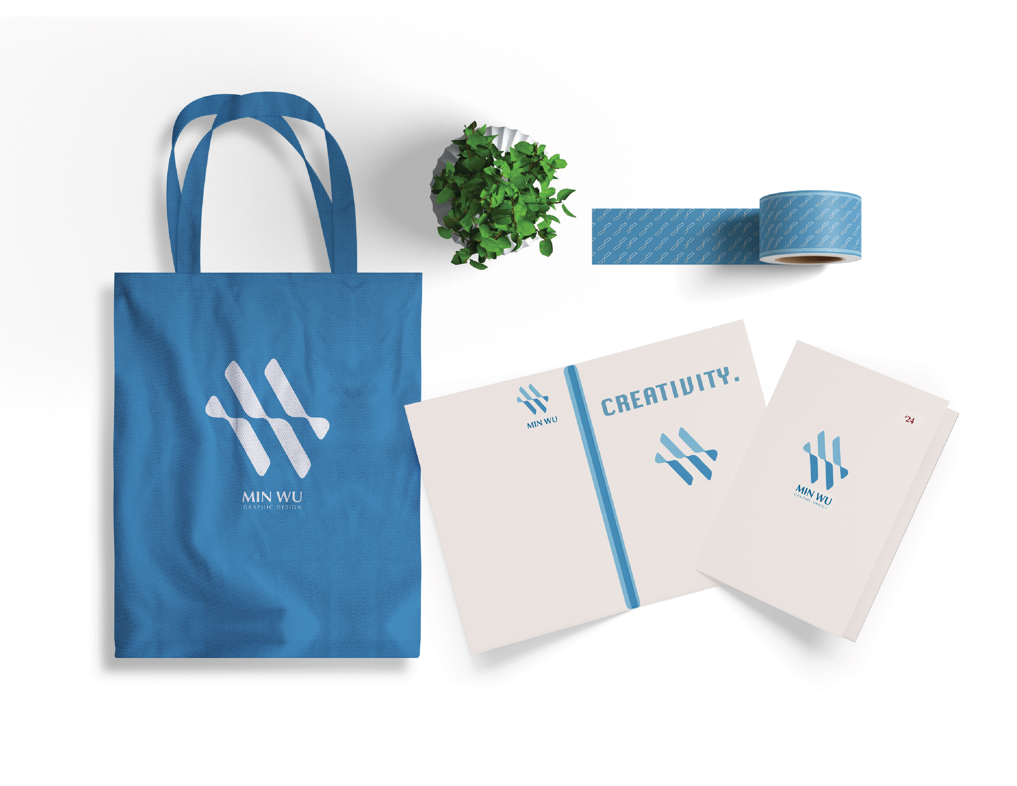 Some peripheral products with Min Wu's logo printed on them include tape, notebooks, and a bags.