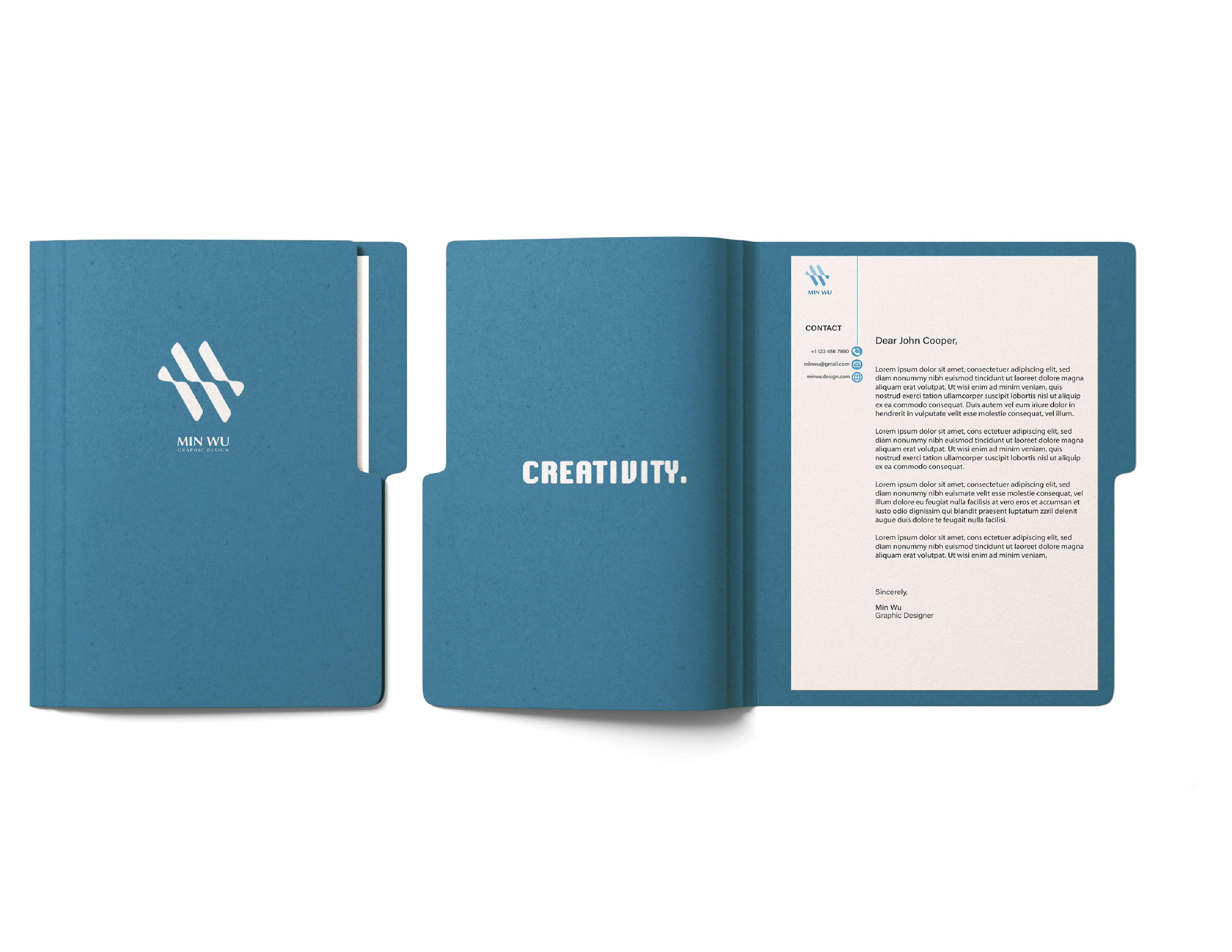 Some peripheral products, folders, and paper documents with Min Wu's logo printed on them.