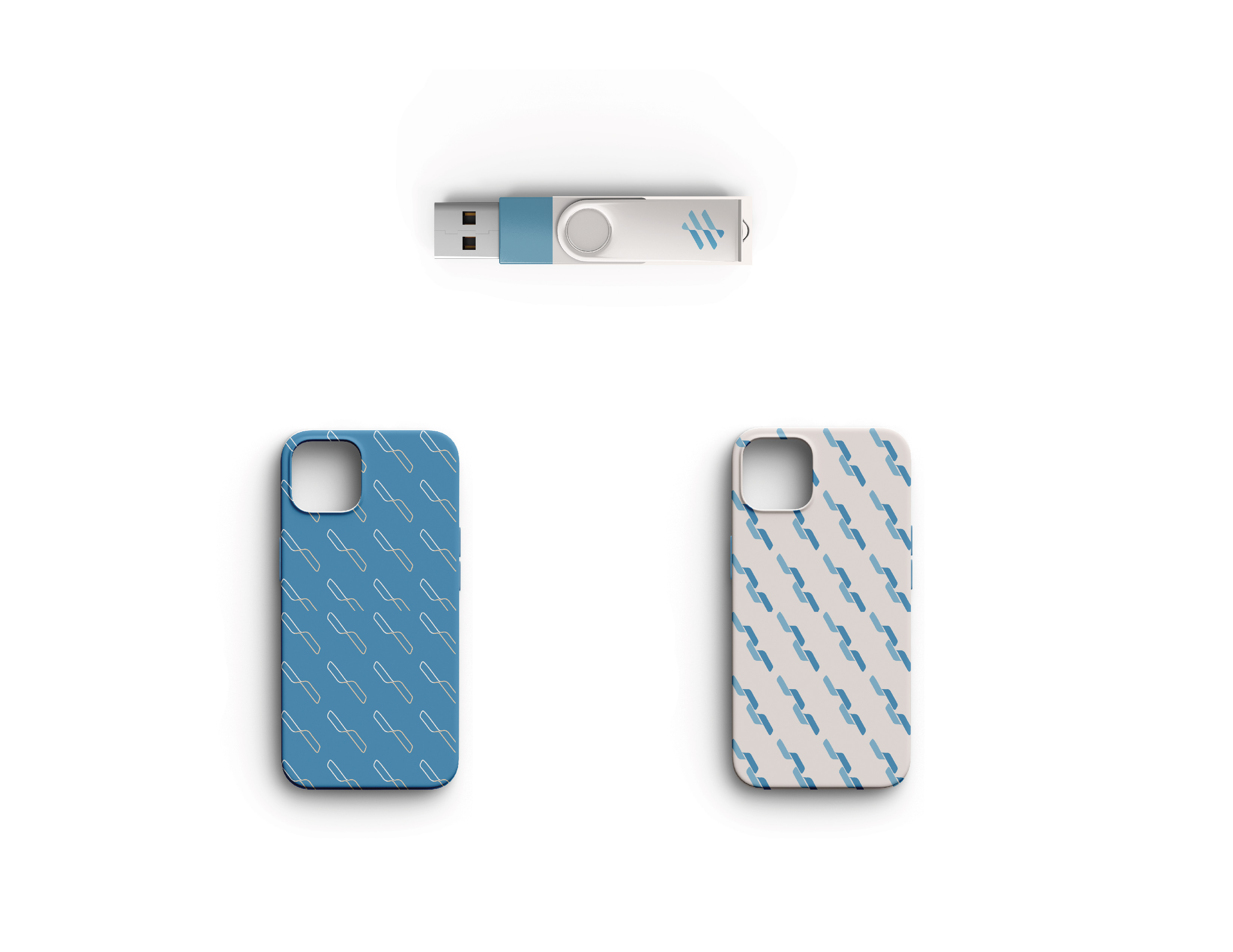 Some peripheral products, phone cases, and USB drives with Min Wu's logo printed on them.