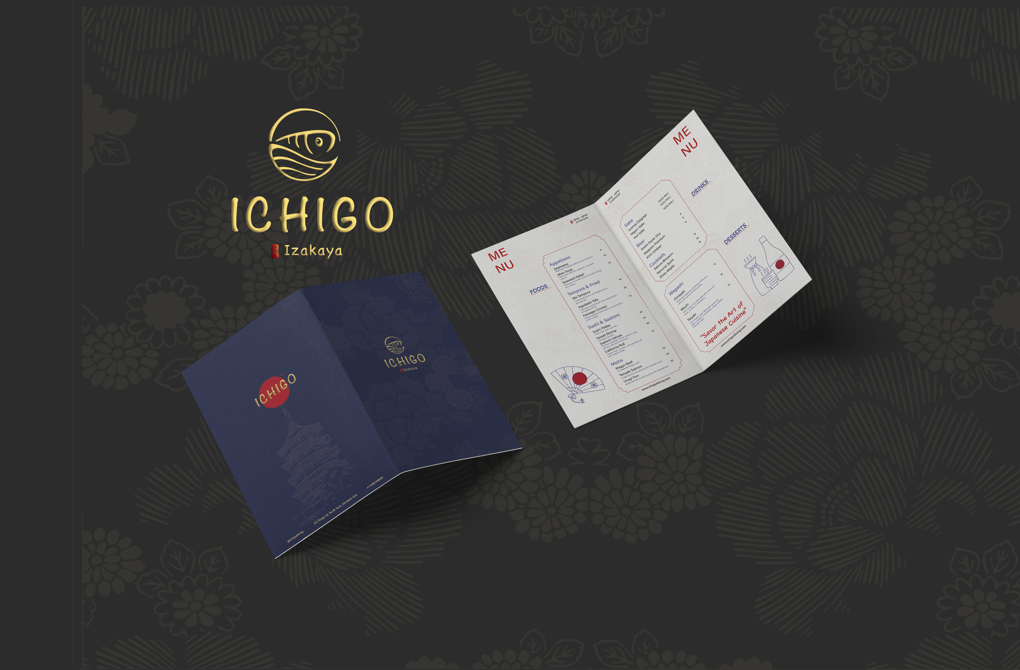 The menu and business card of a Japanese restaurant.