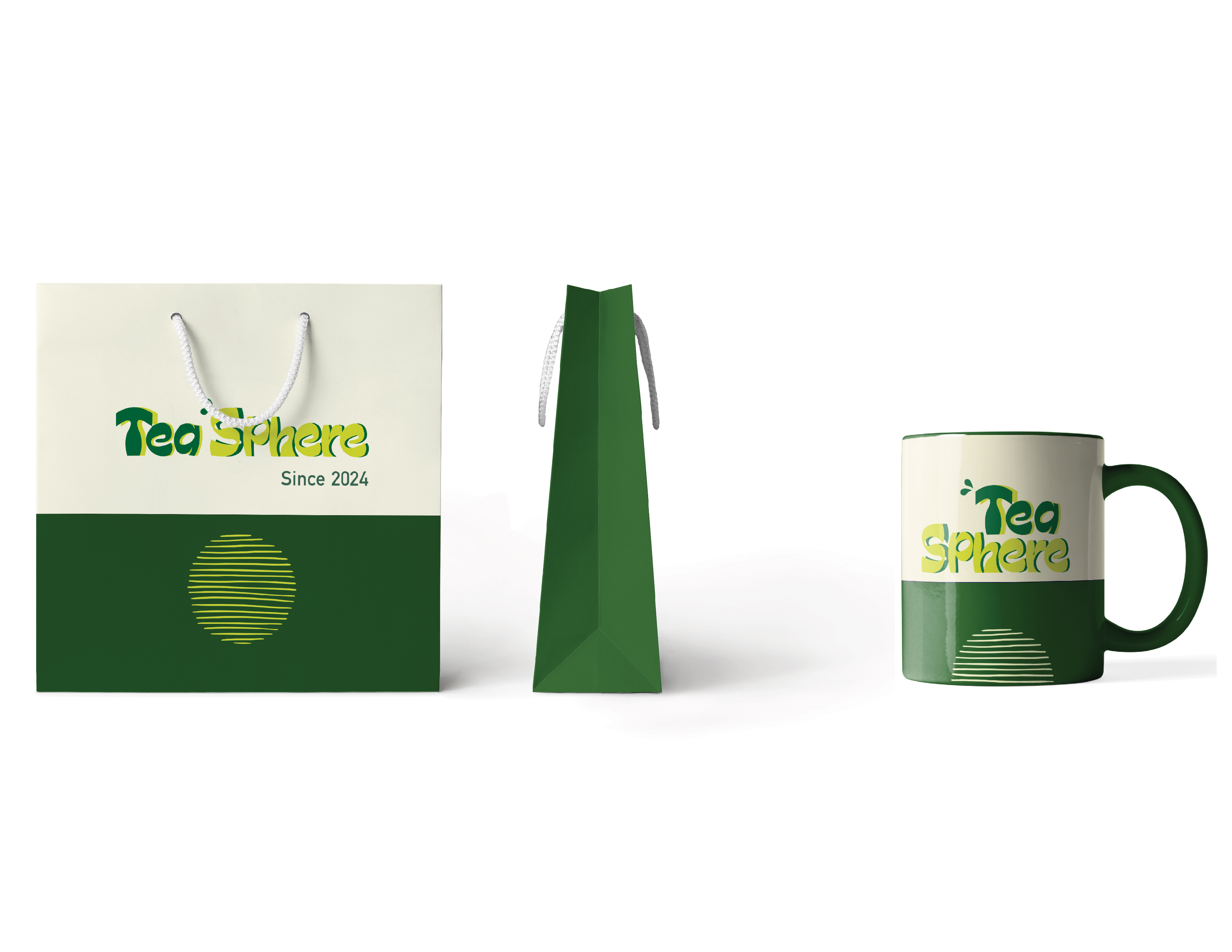 Paper bags and mugs printed with TeaSphere.