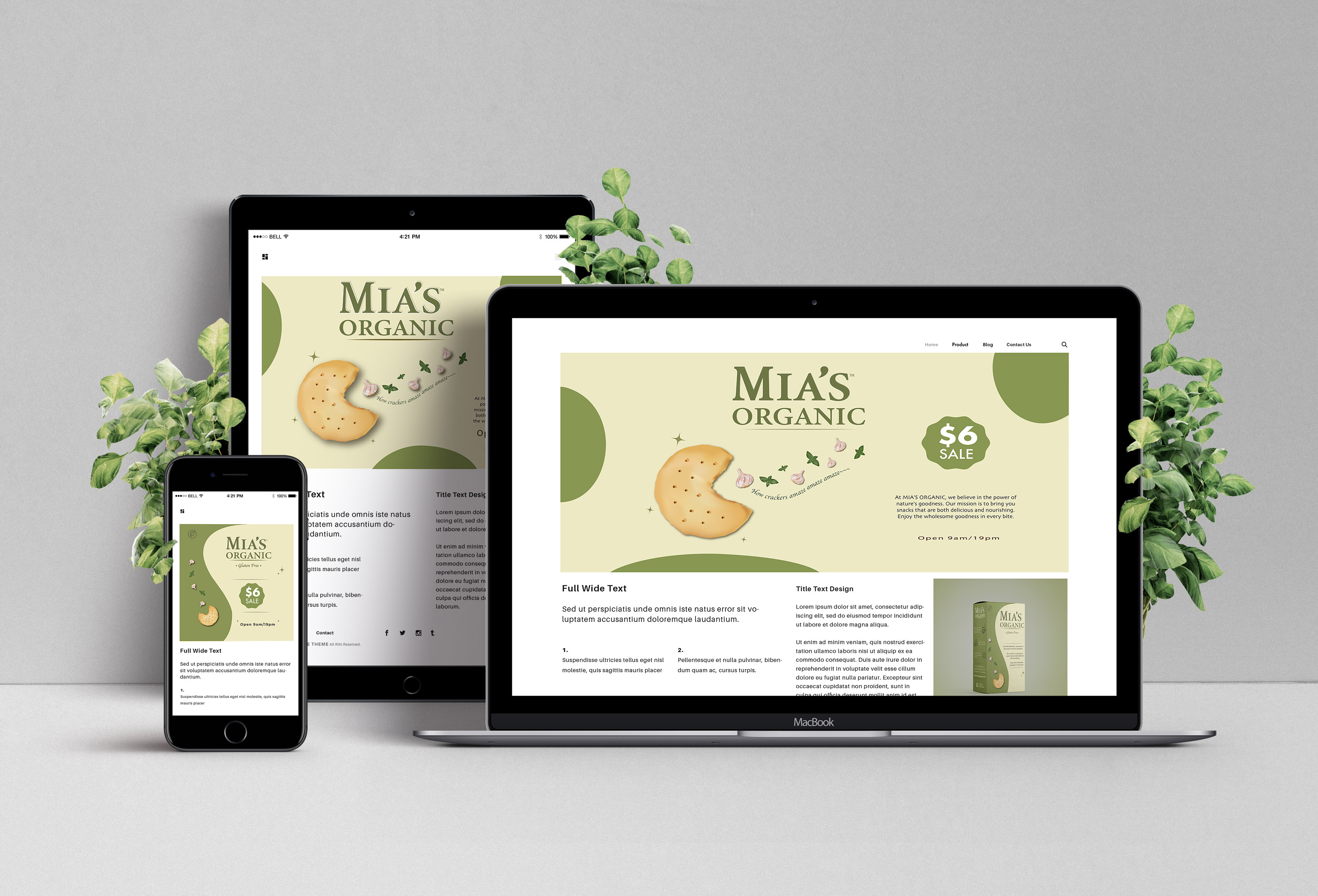 MIA'S ORGANIC's different advertisements are available on a mobile phone, a computer, and an iPad.